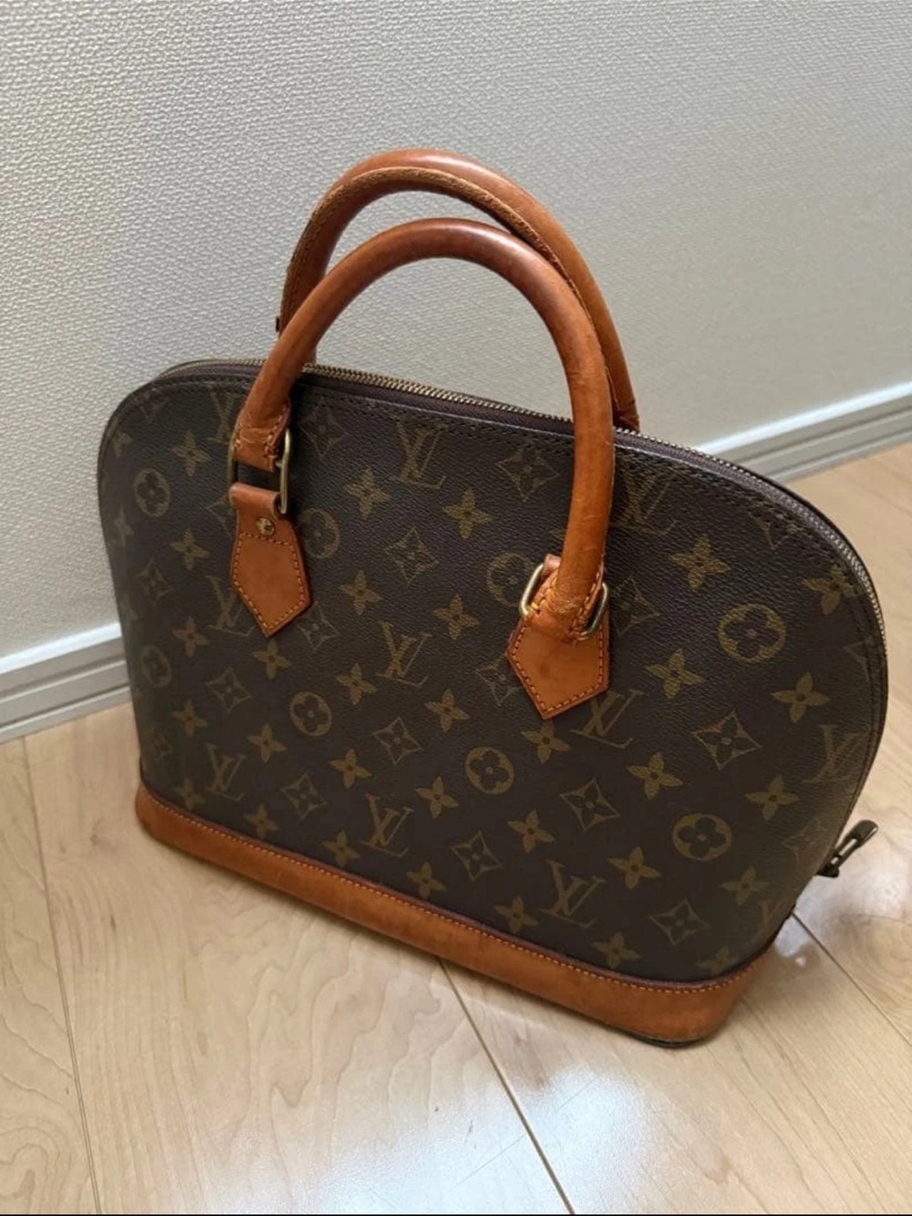 Louis Vuitton Brown Monogram Satchel with Tan Leather Handles